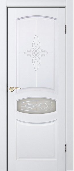 Дверь из массива Виктория с фрезеровкой сатинат белый с гравировкой "Виктория" цвет эмаль белый жемчуг